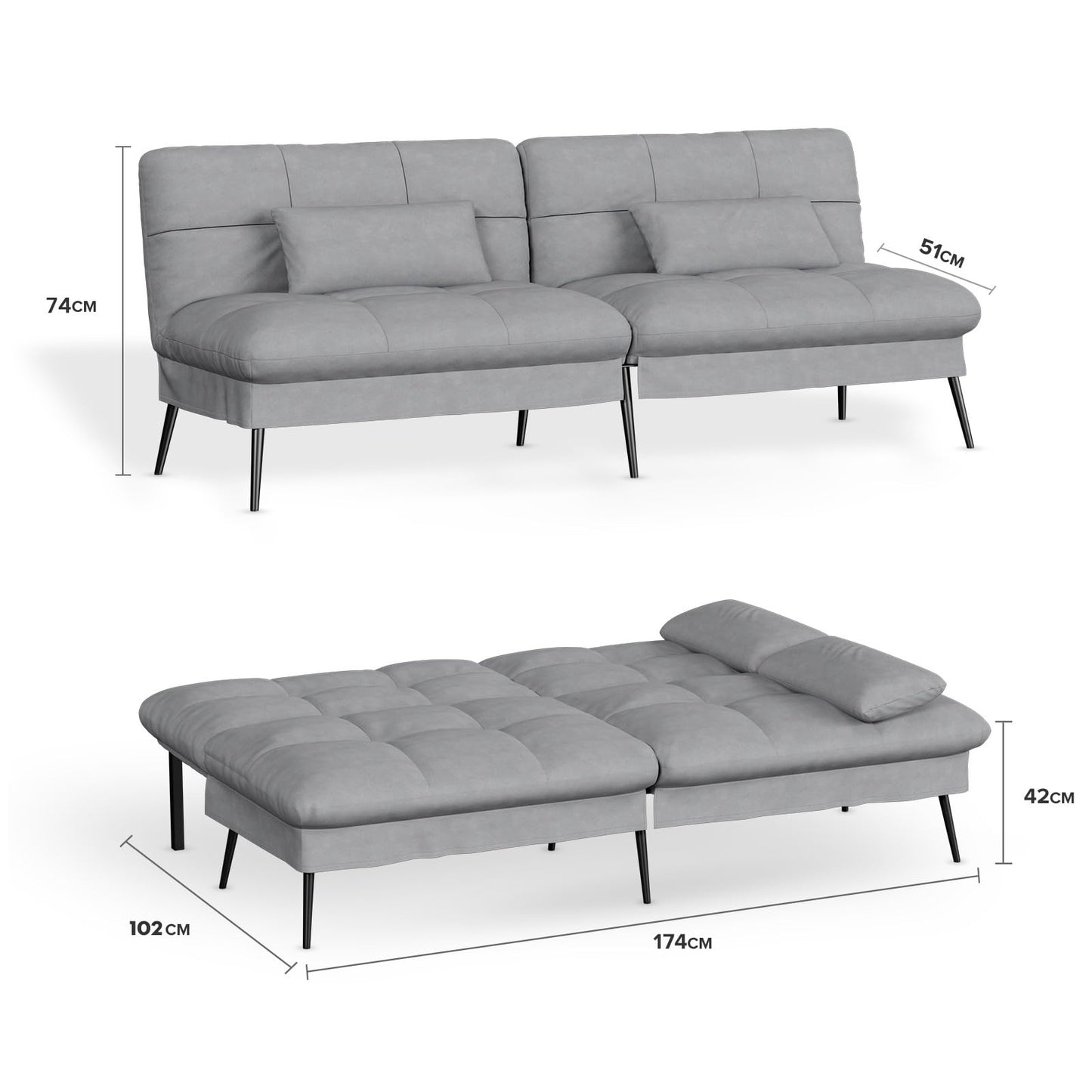 3-Seater Fabric Sofa Bed – Adjustable Backrest with 5 Recline Positions – Grey
