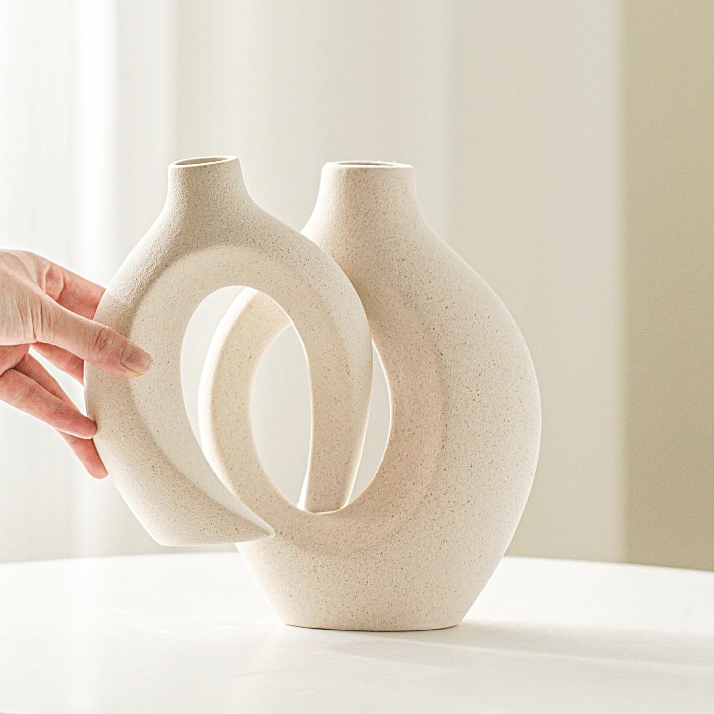 Modern Boho Ceramic Vase Set – Handmade Decorative Vases for Home Decor (Set of 2, Milky White)