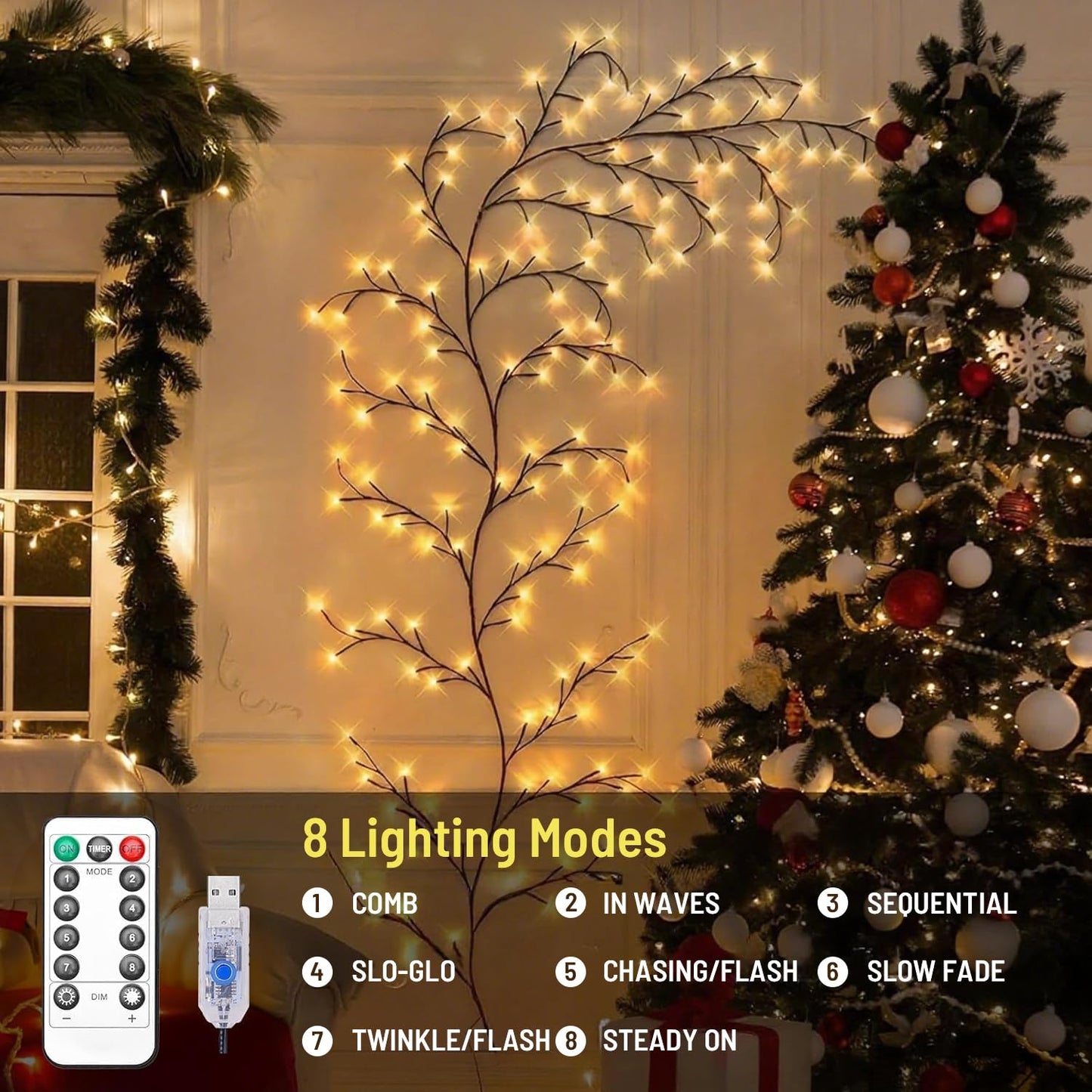 Willow Vine Twig Lights – 2-Pack | 7.5FT Bendable Branches | 144 Warm White LEDs | USB Powered with Remote & 8 Modes