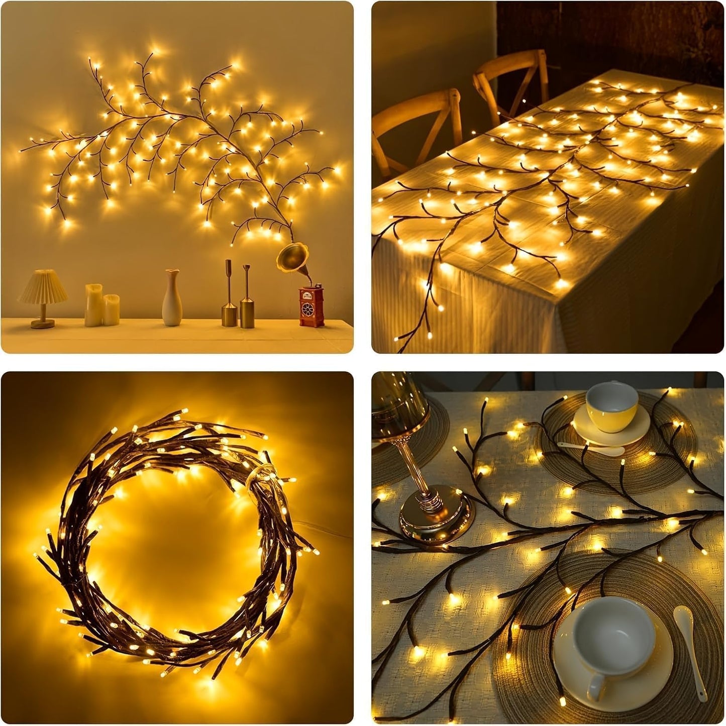 Willow Vine Twig Lights – 2-Pack | 7.5FT Bendable Branches | 144 Warm White LEDs | USB Powered with Remote & 8 Modes