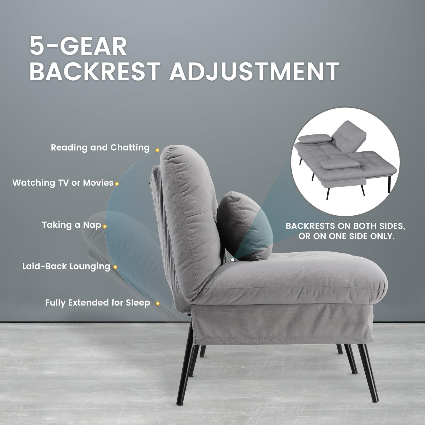 3-Seater Fabric Sofa Bed – Adjustable Backrest with 5 Recline Positions – Grey