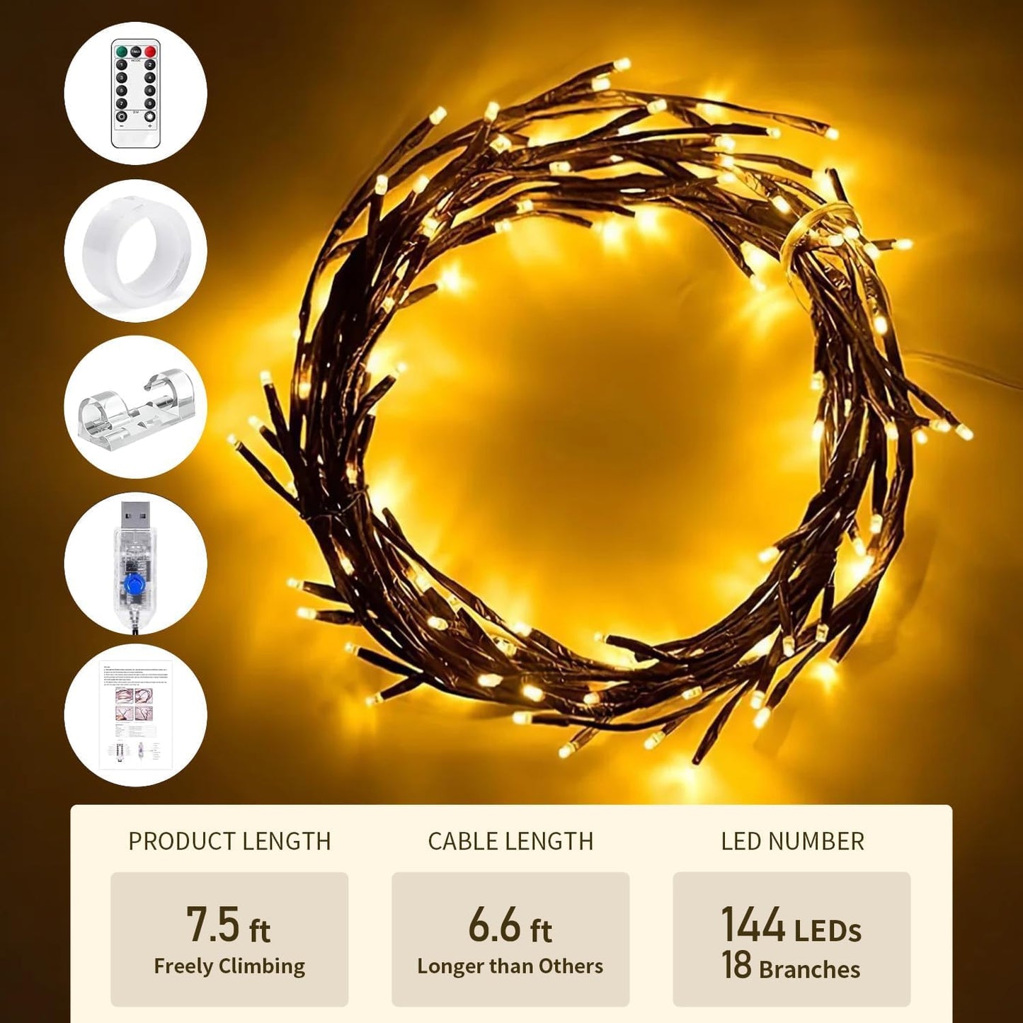 Willow Vine Twig Lights – 2-Pack | 7.5FT Bendable Branches | 144 Warm White LEDs | USB Powered with Remote & 8 Modes