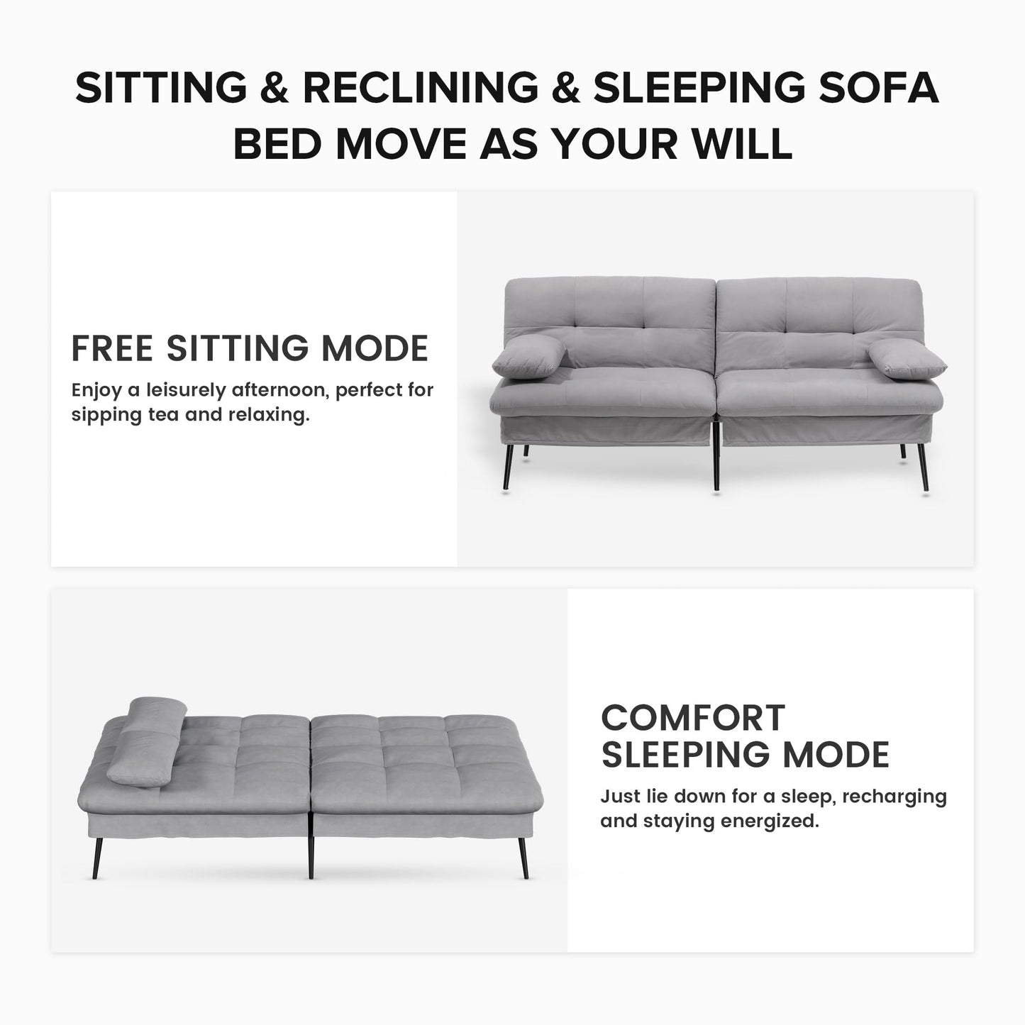 3-Seater Fabric Sofa Bed – Adjustable Backrest with 5 Recline Positions – Grey