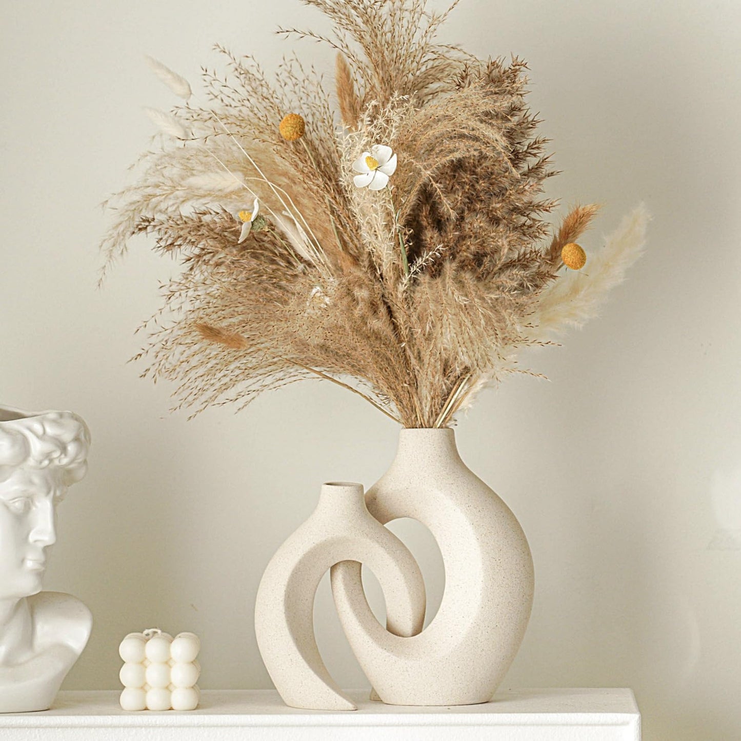 Modern Boho Ceramic Vase Set – Handmade Decorative Vases for Home Decor (Set of 2, Milky White)