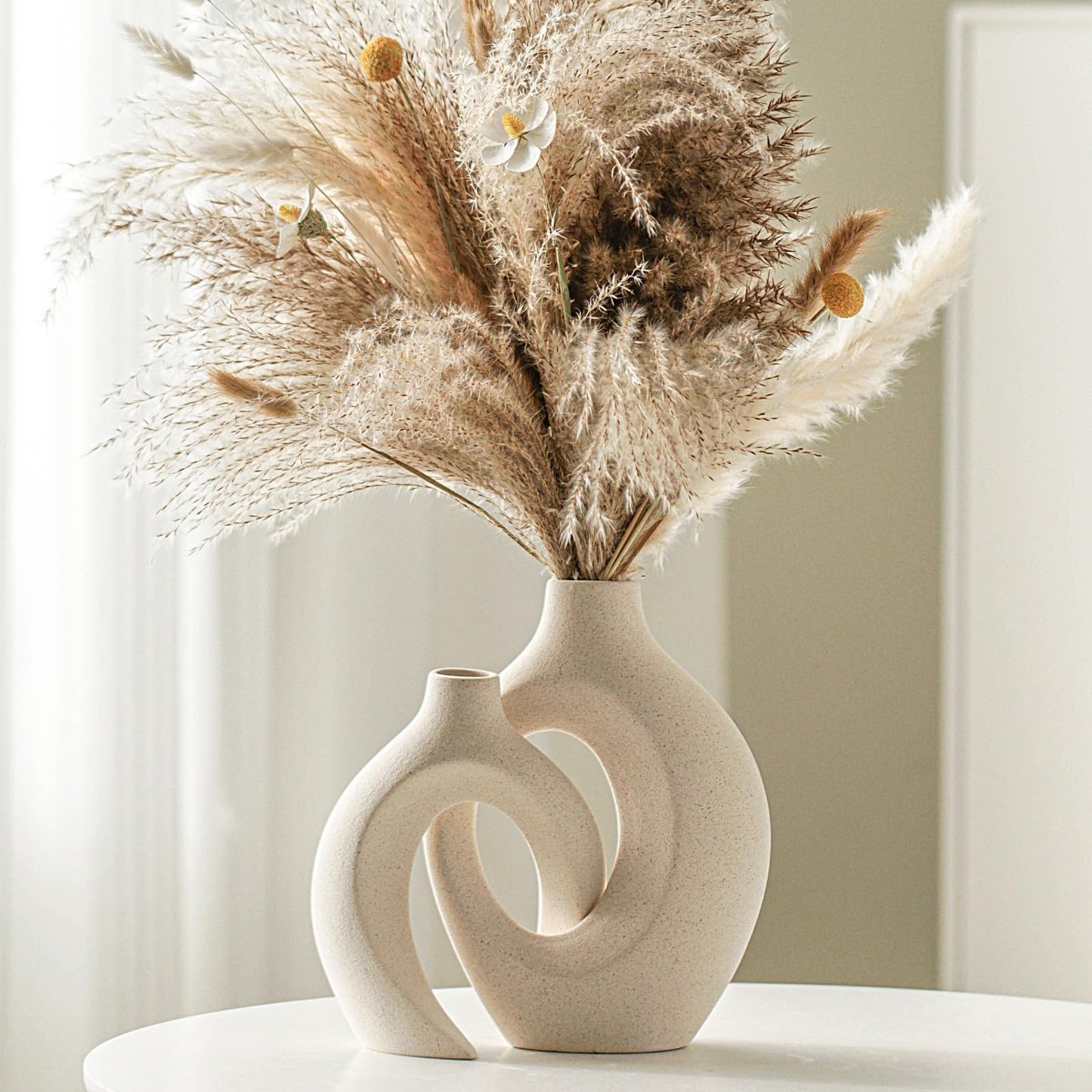 Modern Boho Ceramic Vase Set – Handmade Decorative Vases for Home Decor (Set of 2, Milky White)