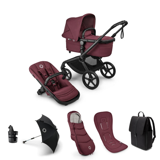 Bugaboo Fox 5 Renew Complete Pushchair Bundle & Free Bugaboo Giraffe Baby Rocker - Black/Dark Cherry